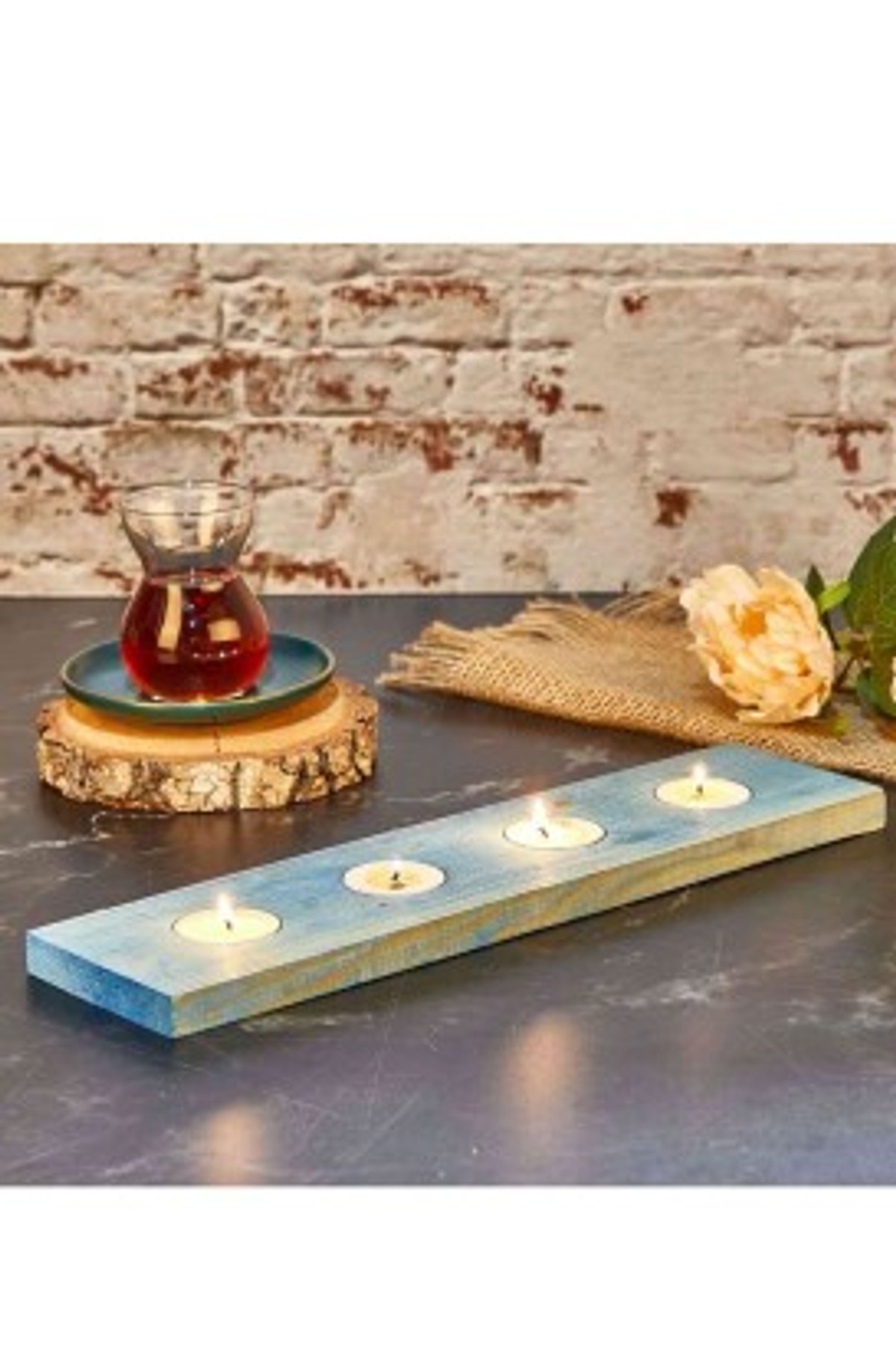 Teomi Collection Home Ahşap 4'lü Tealight Mumluk Mavi