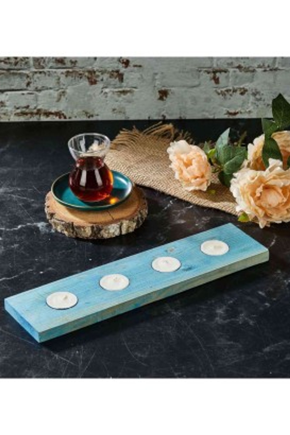 Teomi Collection Home Ahşap 4'lü Tealight Mumluk Mavi