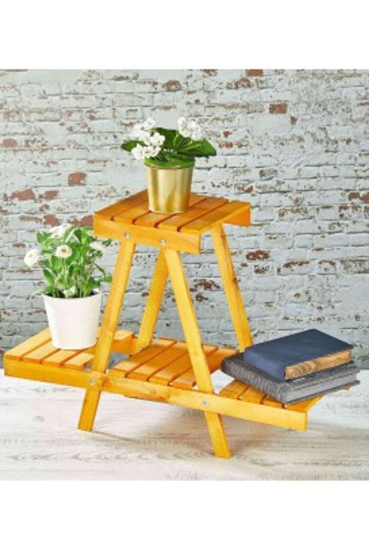 Teomi Collection Home Ahşap Çiçeklik Saksı Standı Sarı